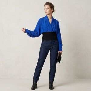 Acne Studios Blue Silk Wrap Blouse Top Long Sleeve Black Ribbed Waistband 36